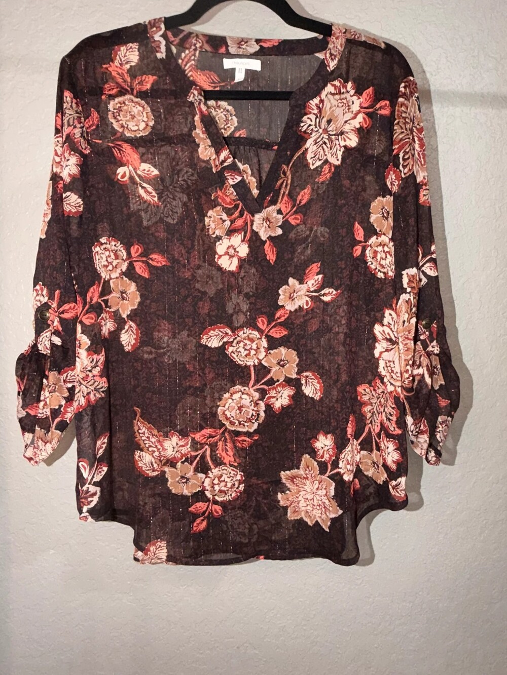 Maurices Women’s Floral Blouse Sheer Black Burgundy Coral Size L